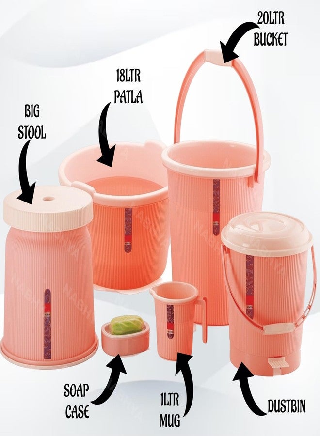 نابيا مجموعة نابيا المكونة من 6 قطع من إكسسوارات الحمام نيوتن، طقم حمام بلاستيكي مع دلو بلاستيكي سعة 20 لترًا، حوض استحمام، كوب صغير، كرسي كبير، علبة صابون، وسلة مهملات للمنزل والمطبخ والحمام (وردي) - Image 2